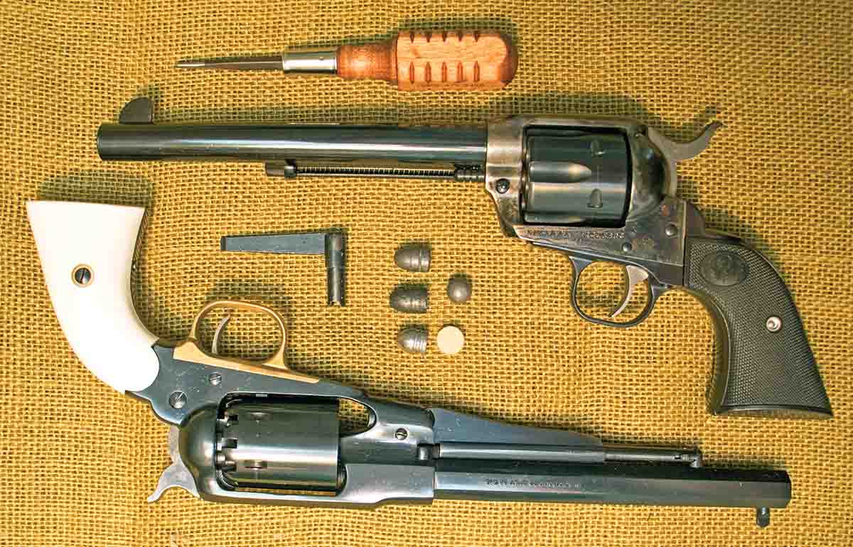 Test revolvers, Ruger New Vaquero and a Buffalo Bill Percussion copy.